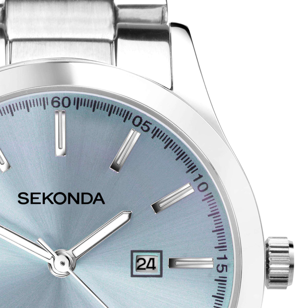 Sekonda watch face with light blue dial, baton markers, and date window at 24.