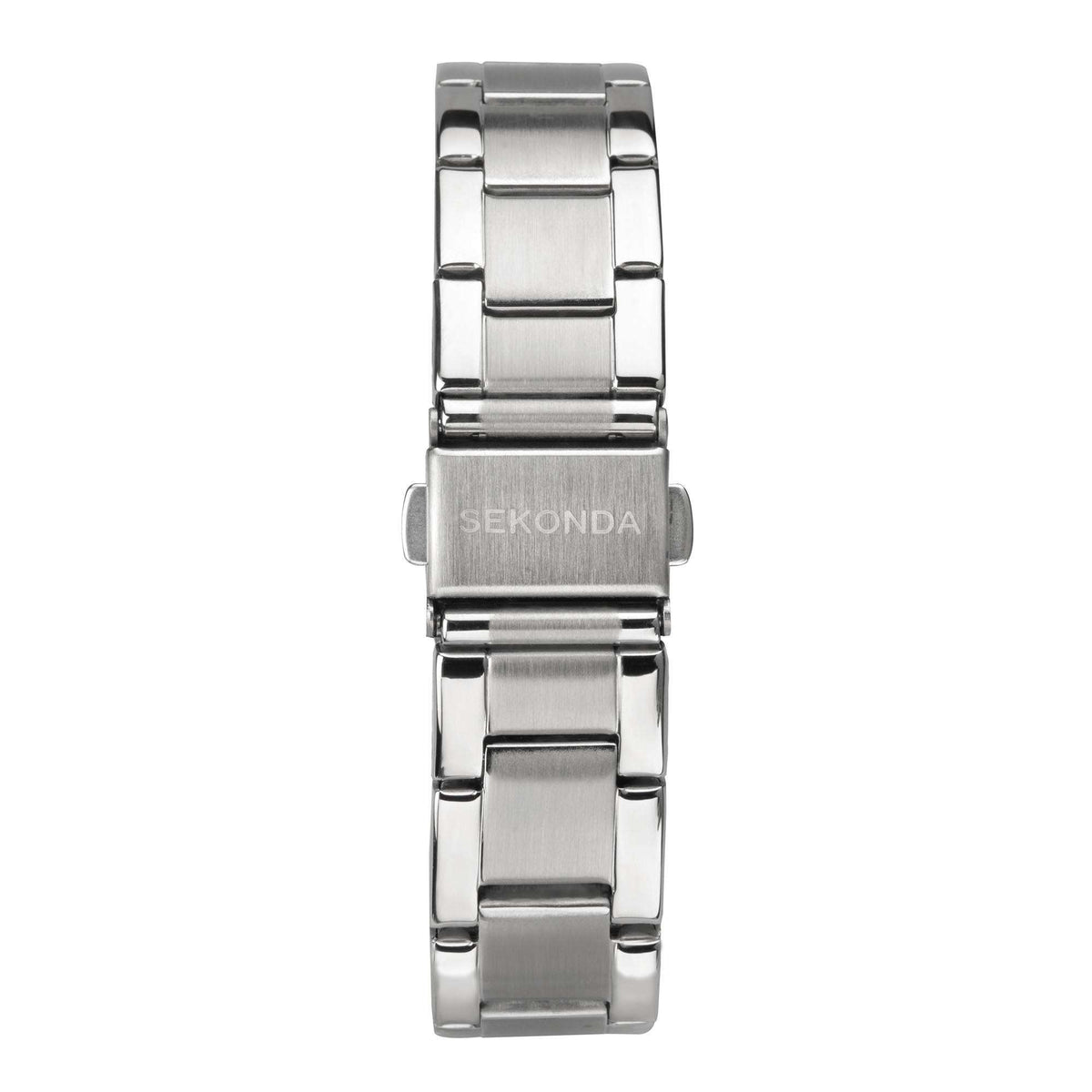 Ladies stainless steel bracelet watch rear view with clasp and Sekonda branding.