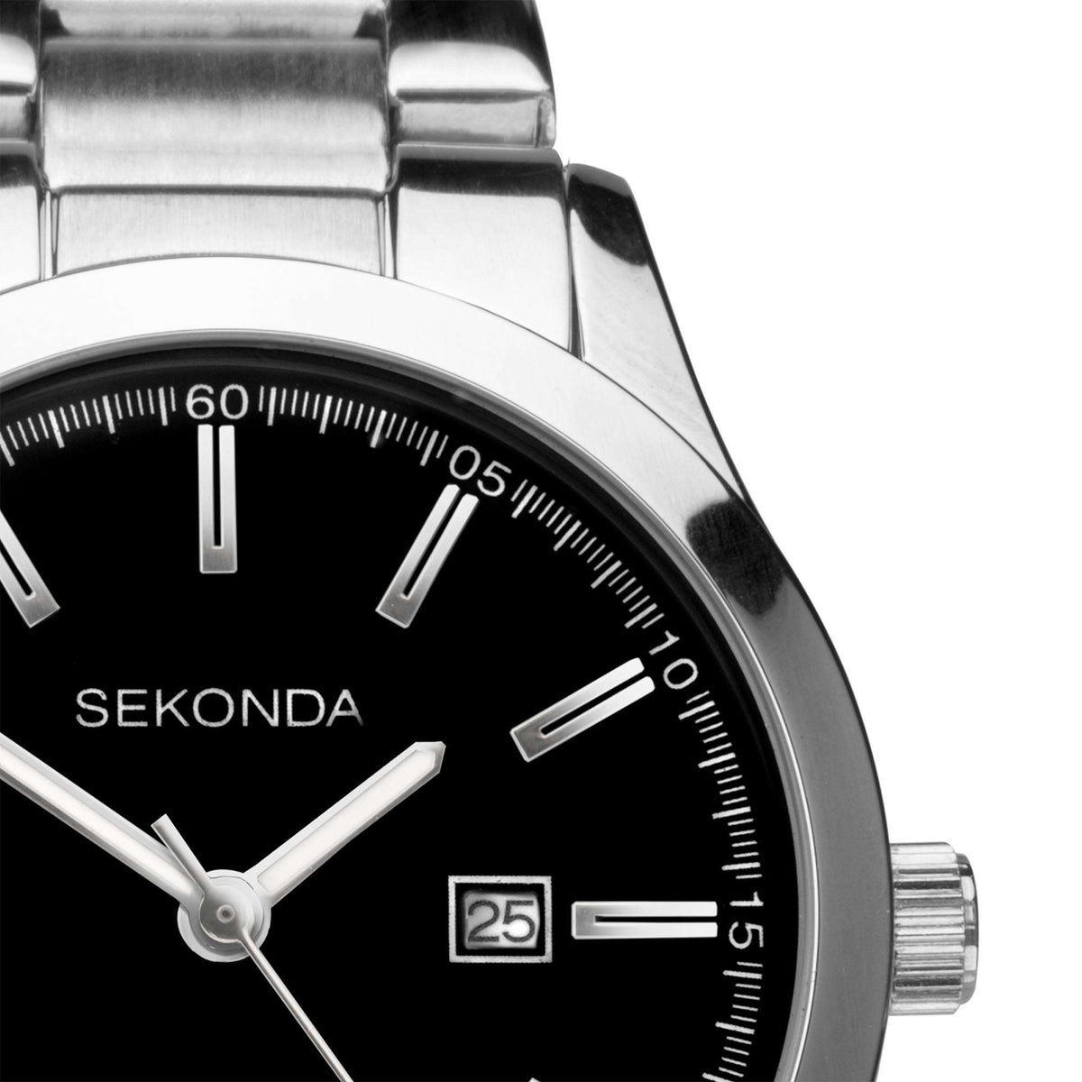 Black dial stainless steel watch with baton hour marks, slim hands, date window 25.