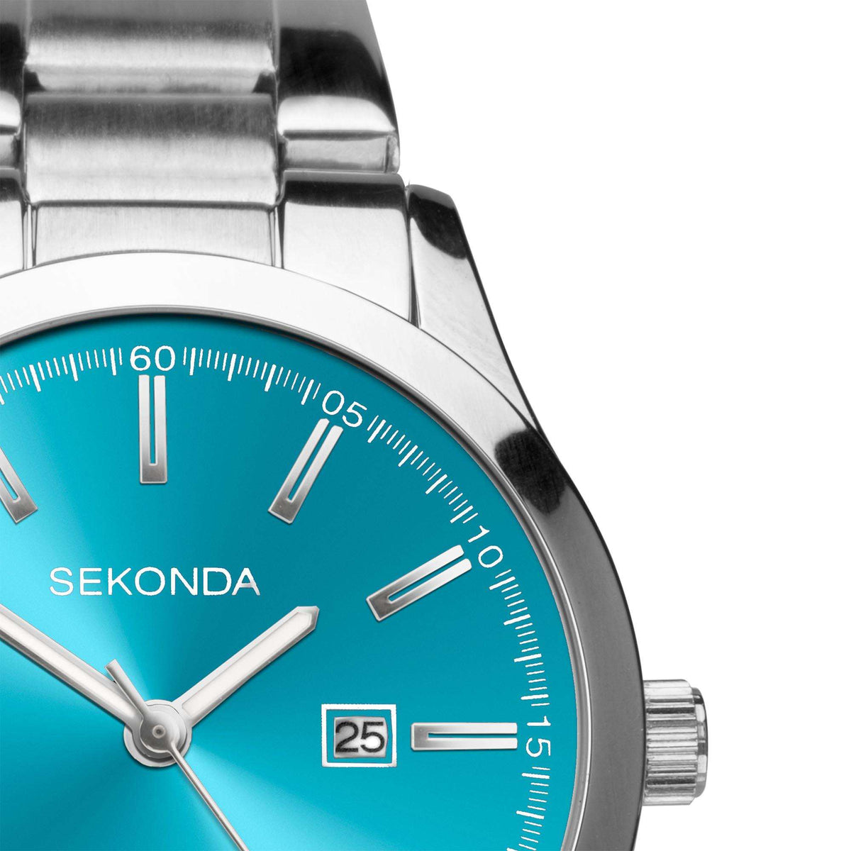 Turquoise watch face with baton hour markers, minute ring, and date window