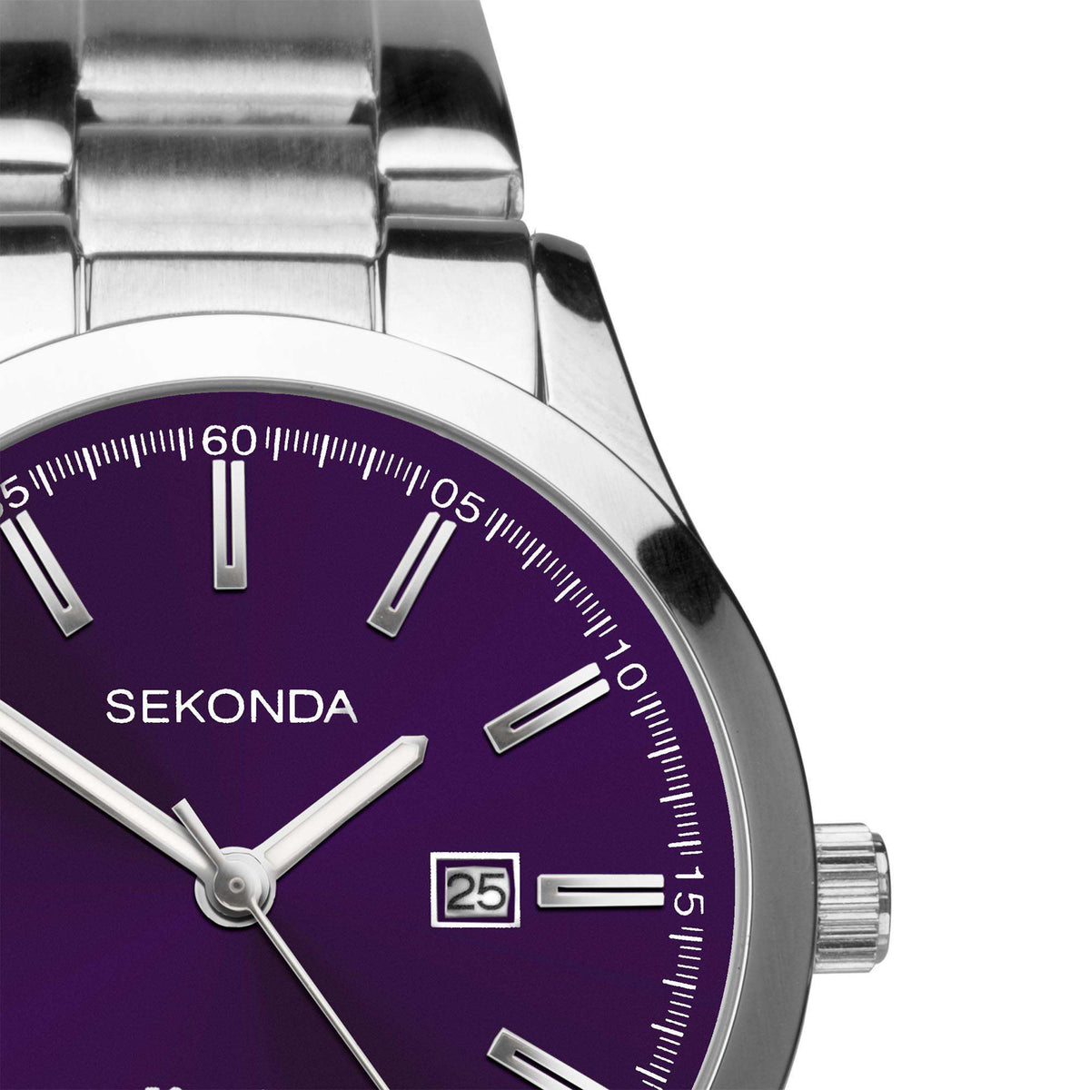 Stainless steel watch face close-up with purple-navy dial and silver hour markers