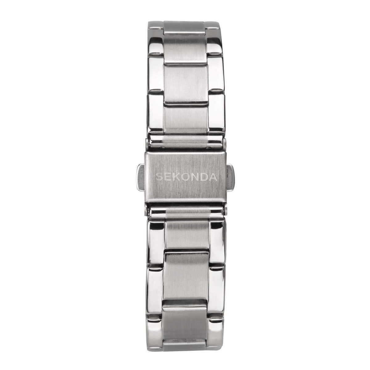 Stainless steel bracelet watch back view with engraved brand on the case