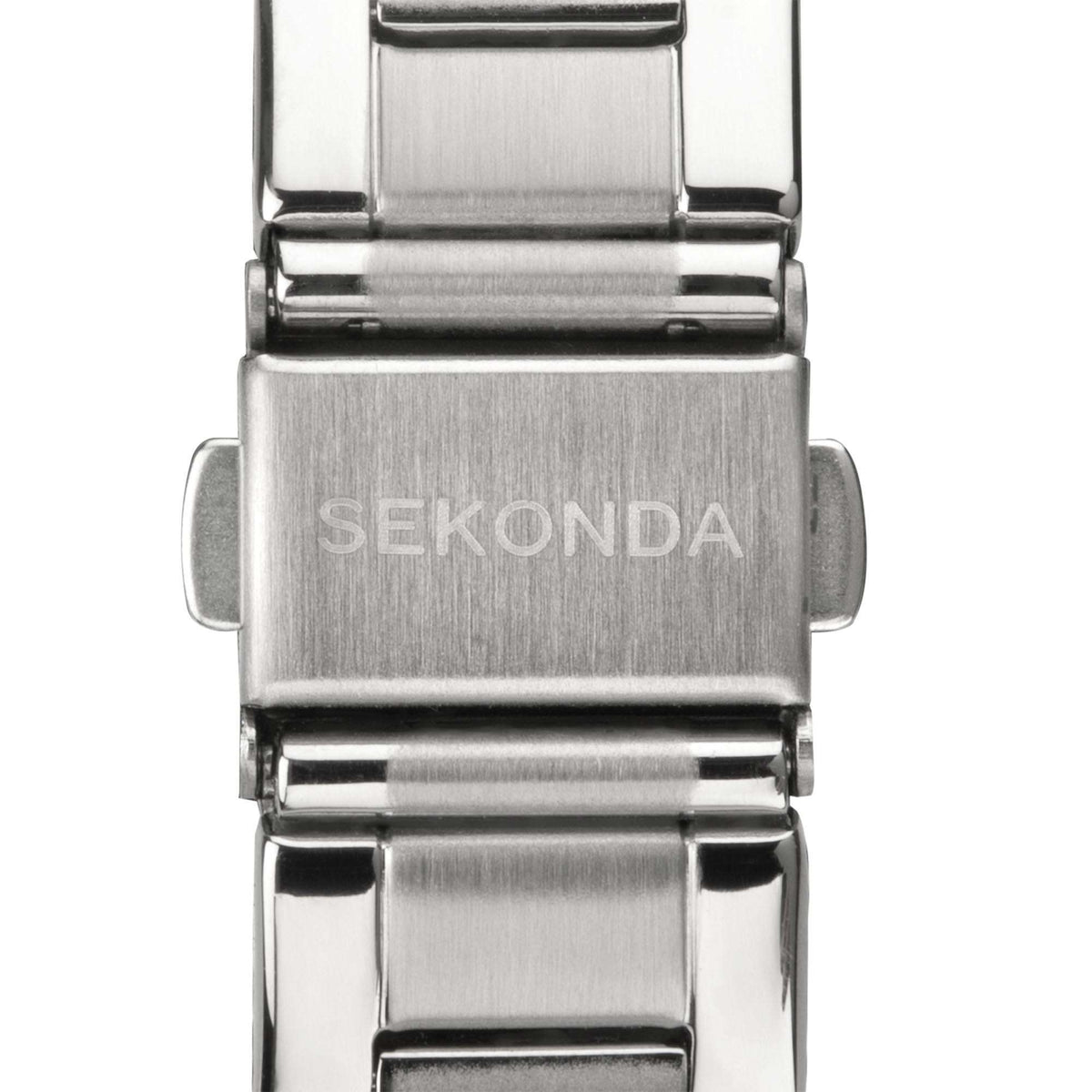 Ladies stainless steel bracelet watch close-up of clasp and engraved SE... branding