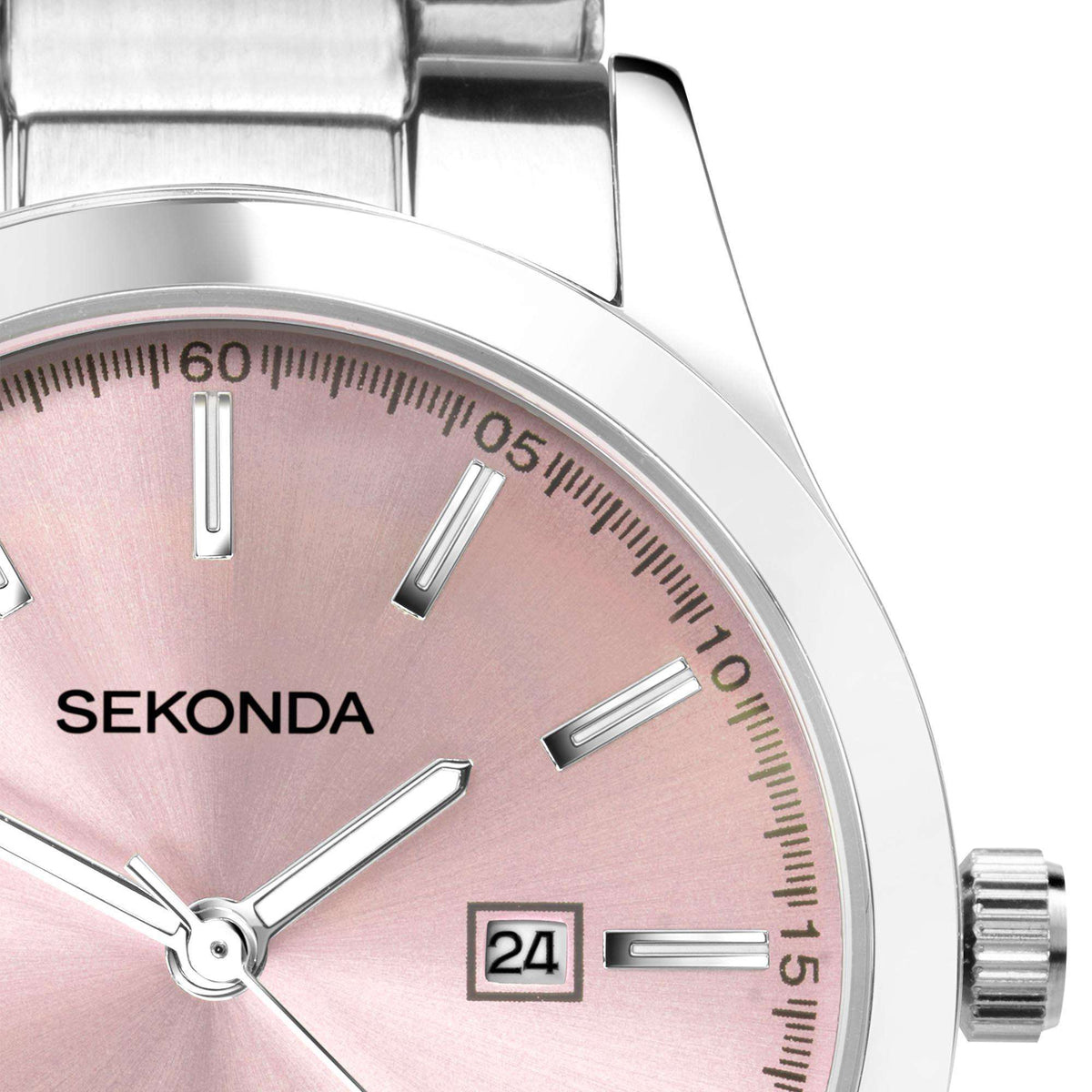 Ladies pink dial stainless steel watch with baton markers and date window at 24