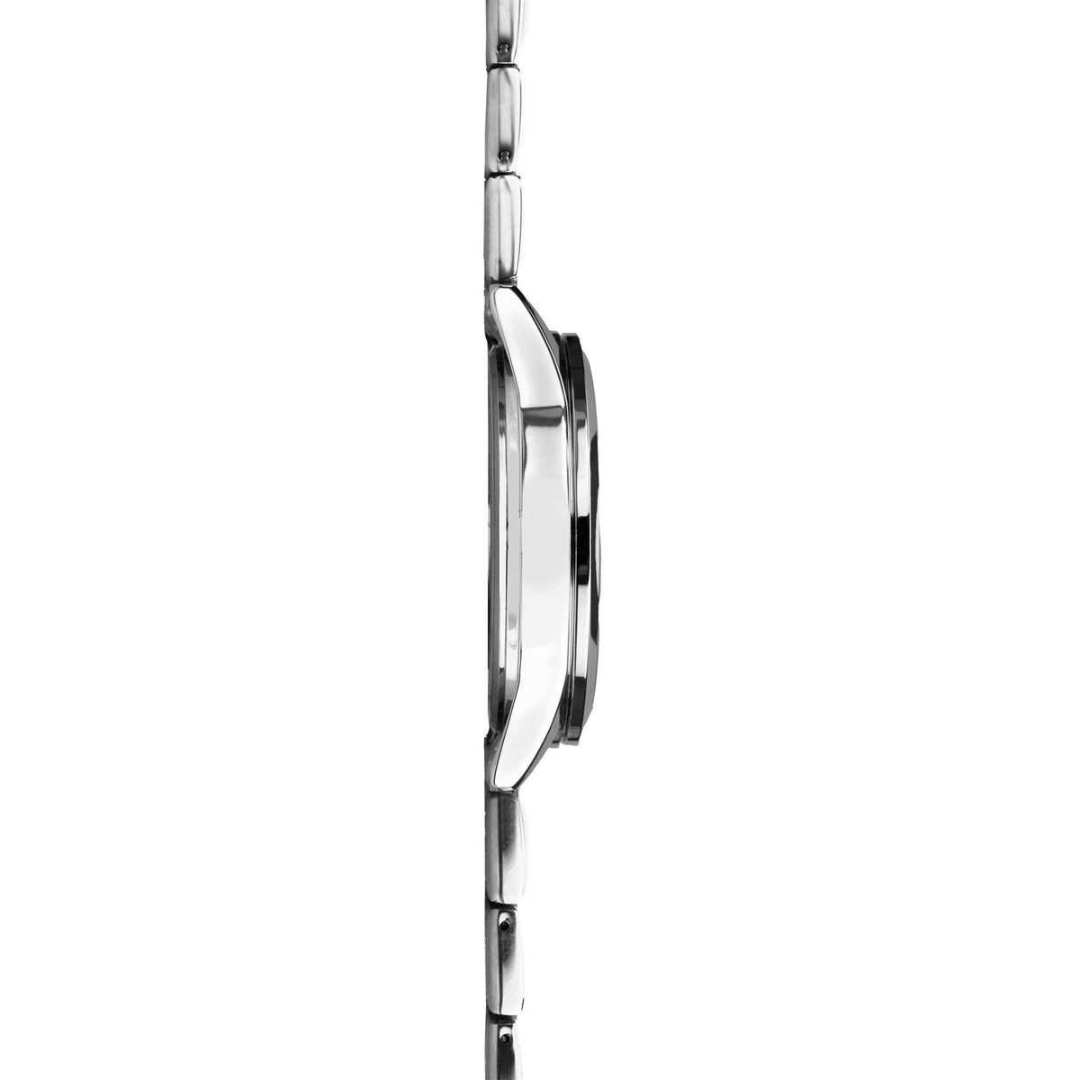 Angled side view of stainless watch showing crown and bracelet links