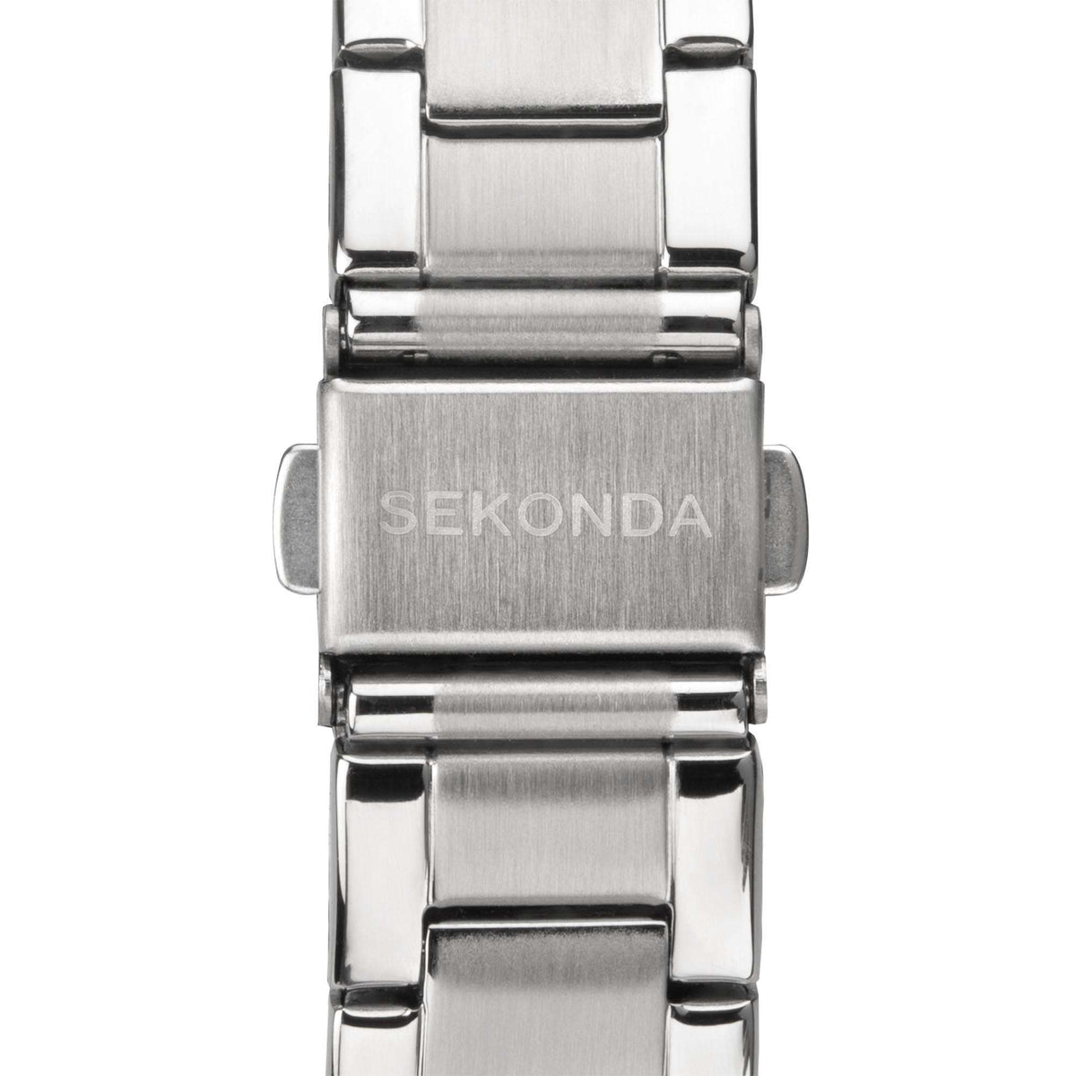 Ladies stainless steel watch clasp and case back in close-up with engraved brand