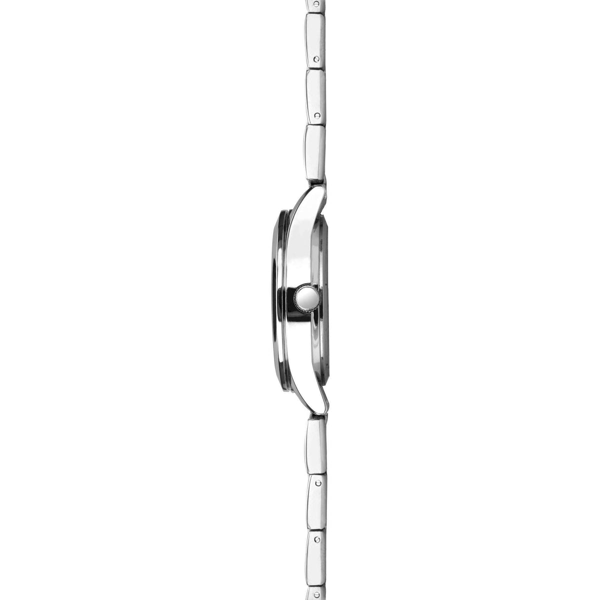 Ladies stainless steel bracelet watch, side profile with round crown at 3 o'clock