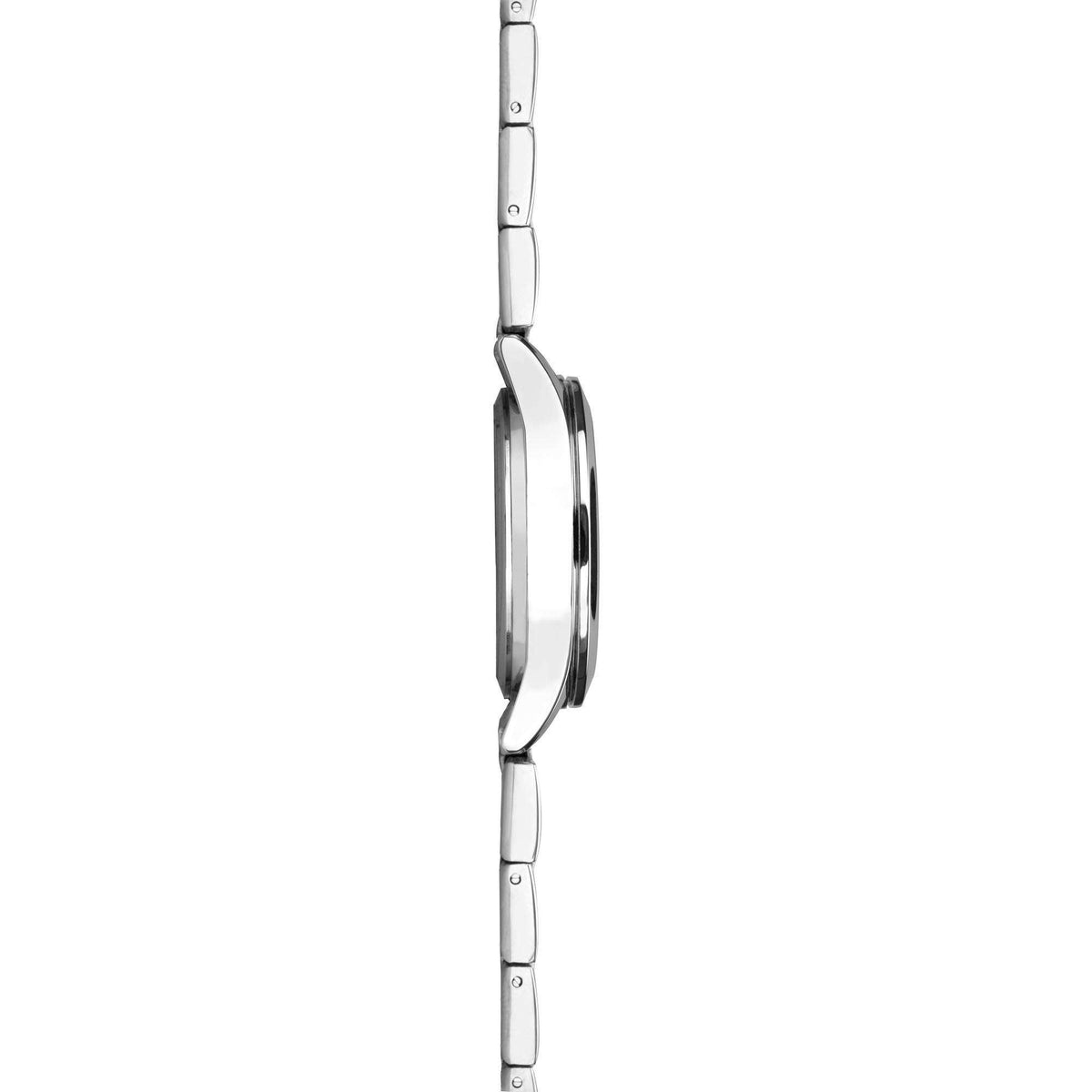 Ladies stainless steel watch, side profile showing case thickness and bracelet links