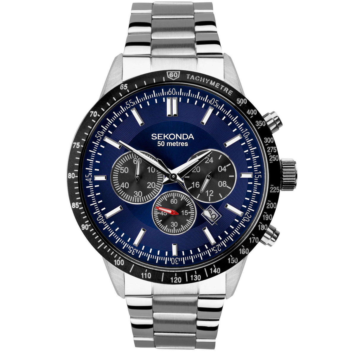 Men's stainless steel chronograph watch, blue dial with chronograph subdials; metal bracelet