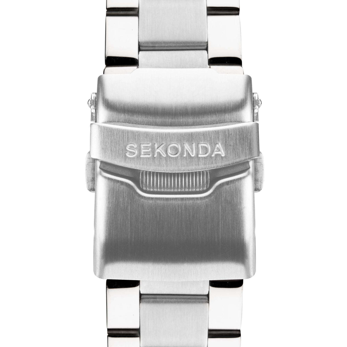 Men's stainless steel watch clasp and bracelet links with 'SEKONDA' engraving