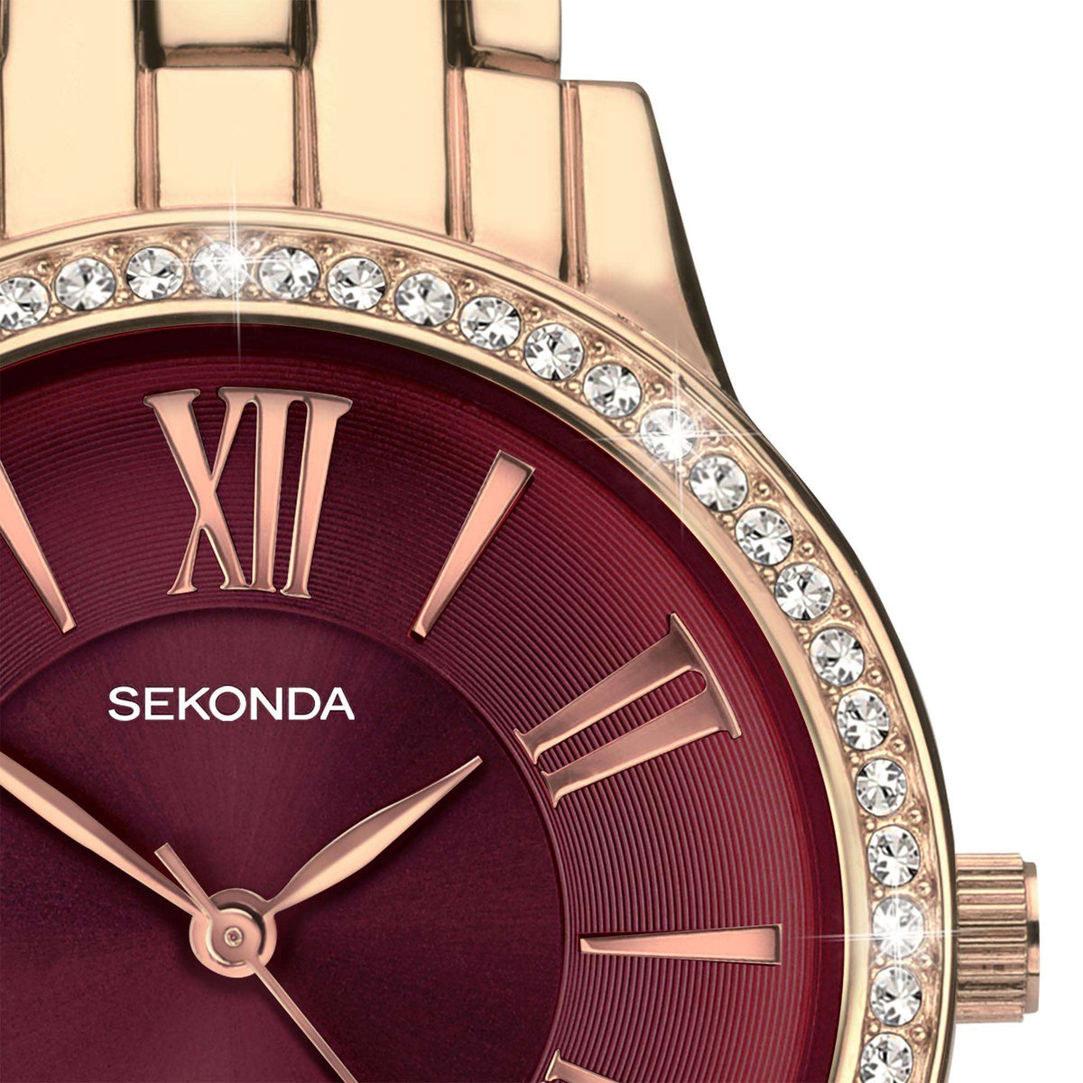 Sekonda Hero Quartz ladies watch dial close-up with burgundy face, Roman numerals, crystal rim