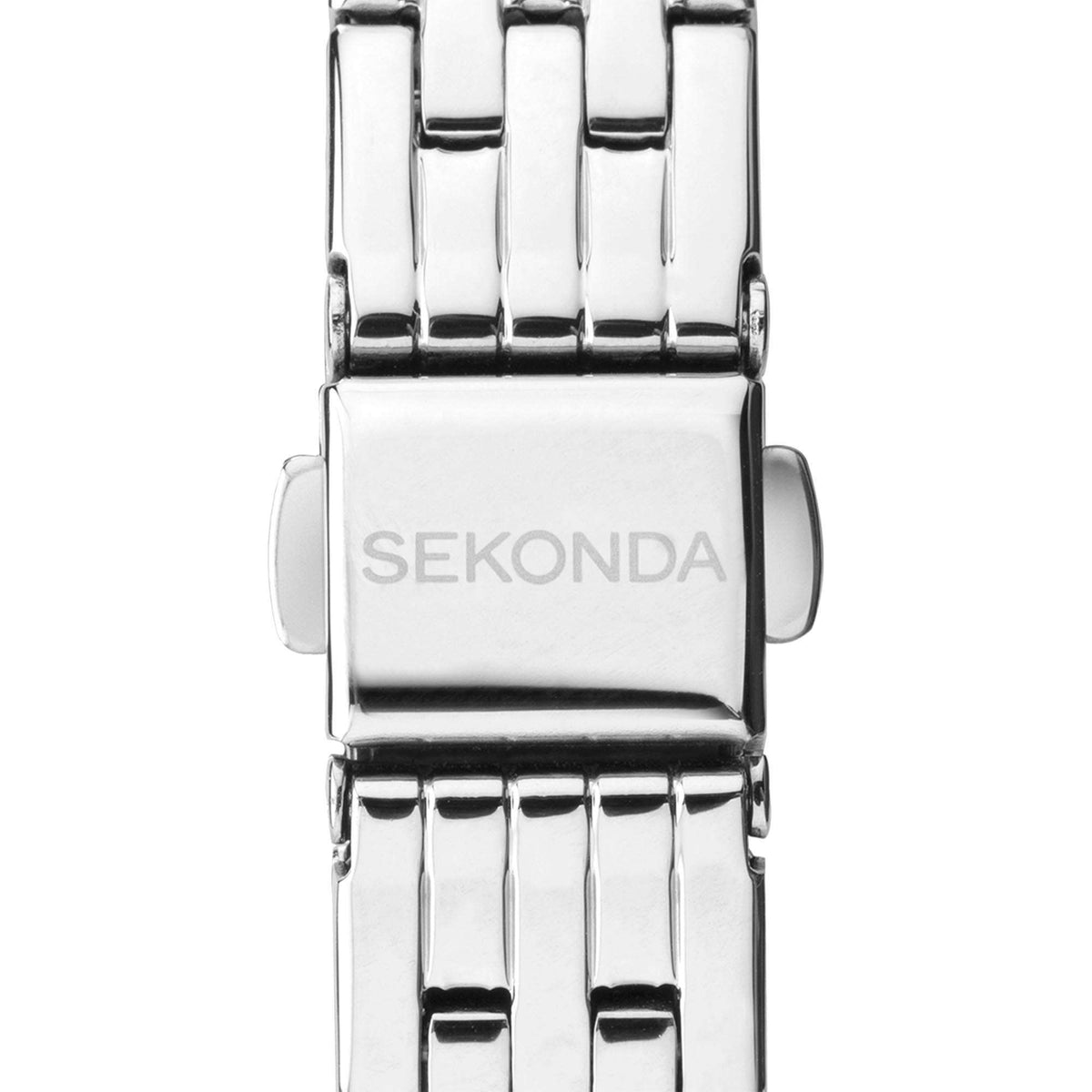 Close-up of stainless steel watch bracelet clasp with engraved Sekonda branding