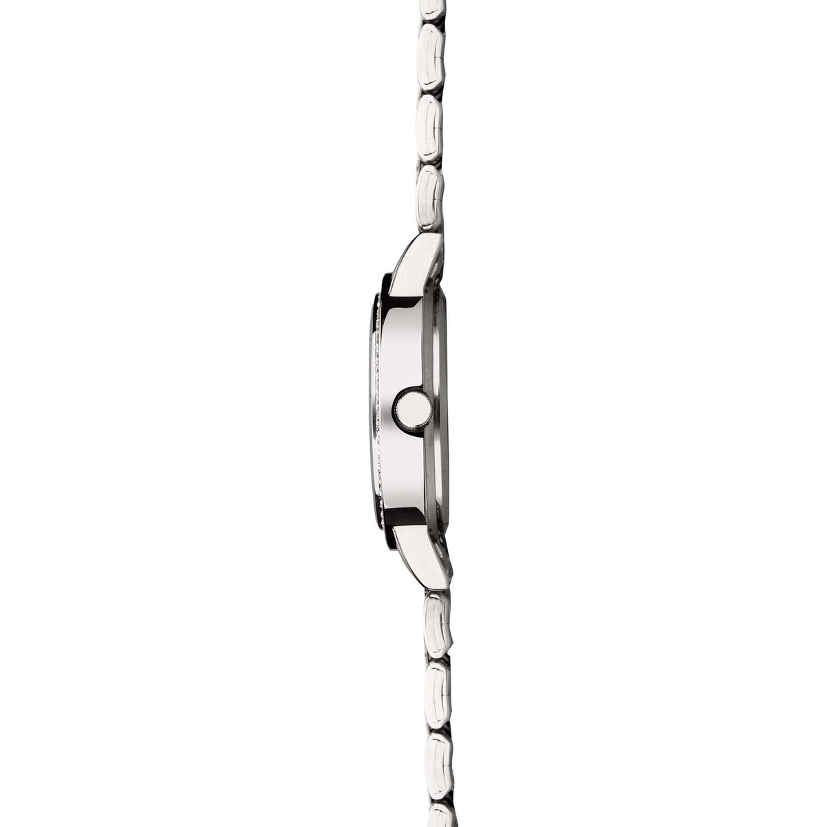 Sekonda stainless steel bracelet watch, side view of link bracelet and round crown