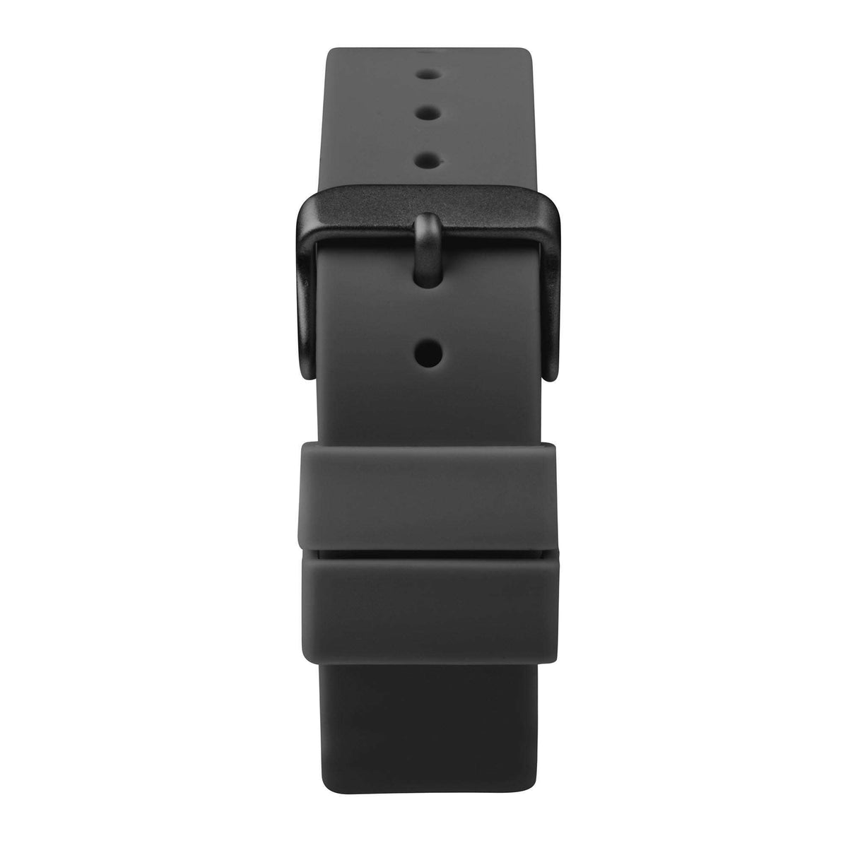 Ladies quartz watch with black silicone strap, black dial face, and simple markers