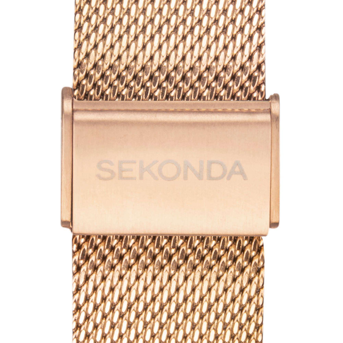 Rose gold mesh bracelet clasp with engraved SEKONDA logo