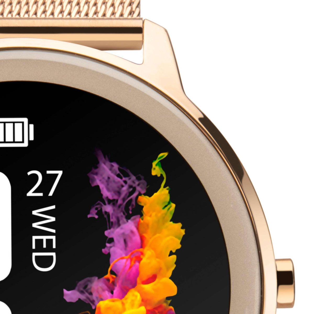 Rose gold smartwatch bezel close-up with black screen and colorful flame graphic