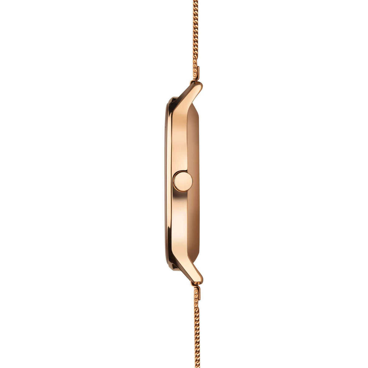 Rose gold smartwatch case with side button and mesh link strap, side profile view