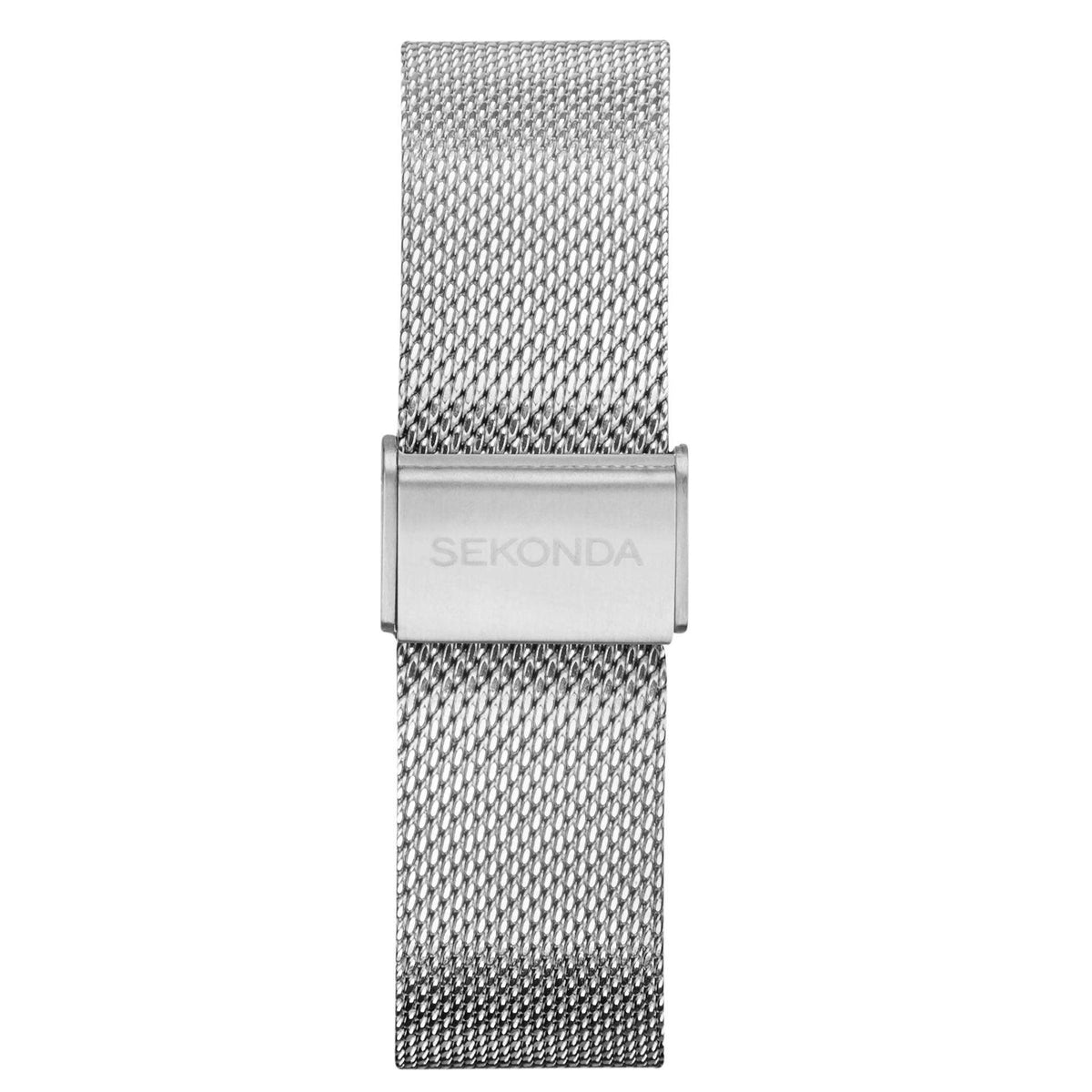 Silver stainless steel mesh watch band with rectangular buckle and SEKONDA clasp