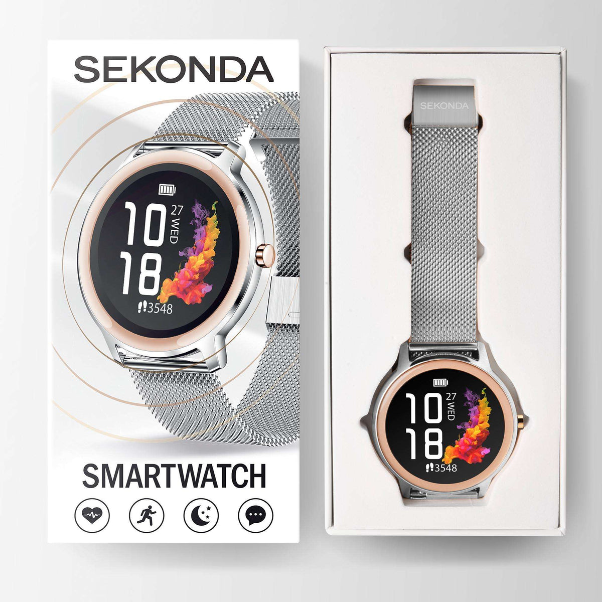 Smartwatch in gift box with silver mesh strap and round black screen showing 10:18