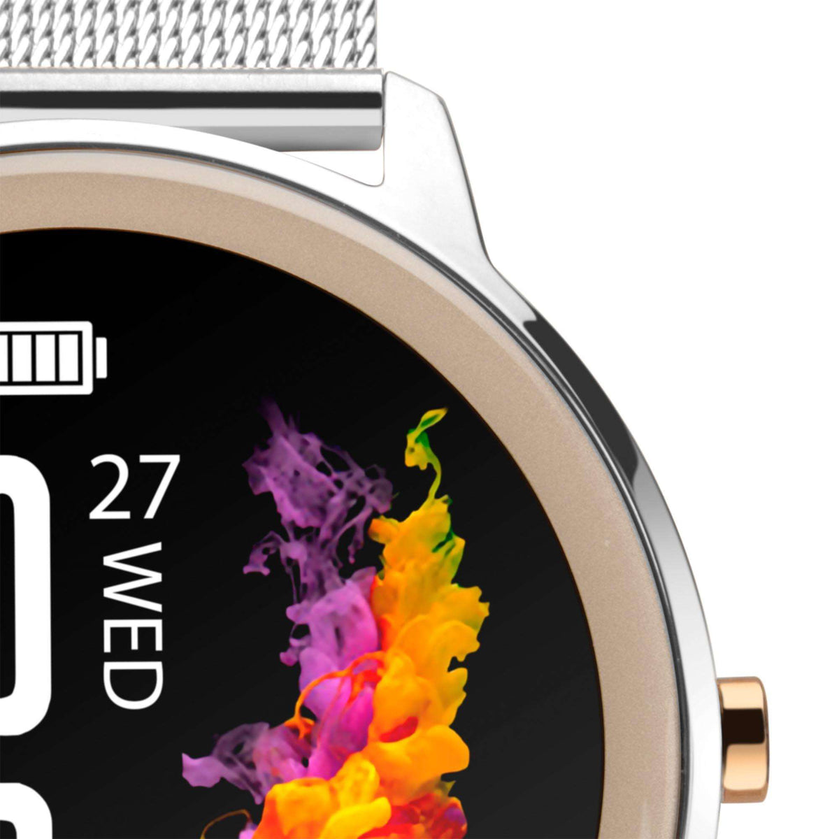Round smartwatch bezel with rose-gold edge and black screen with colorful flower splash