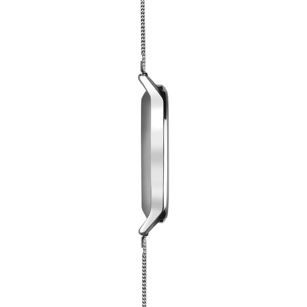 Silver smartwatch side profile on stainless steel mesh bracelet