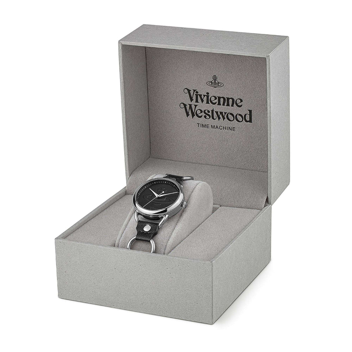 Ladies quartz wristwatch in gray gift box, showing black dial and leather strap