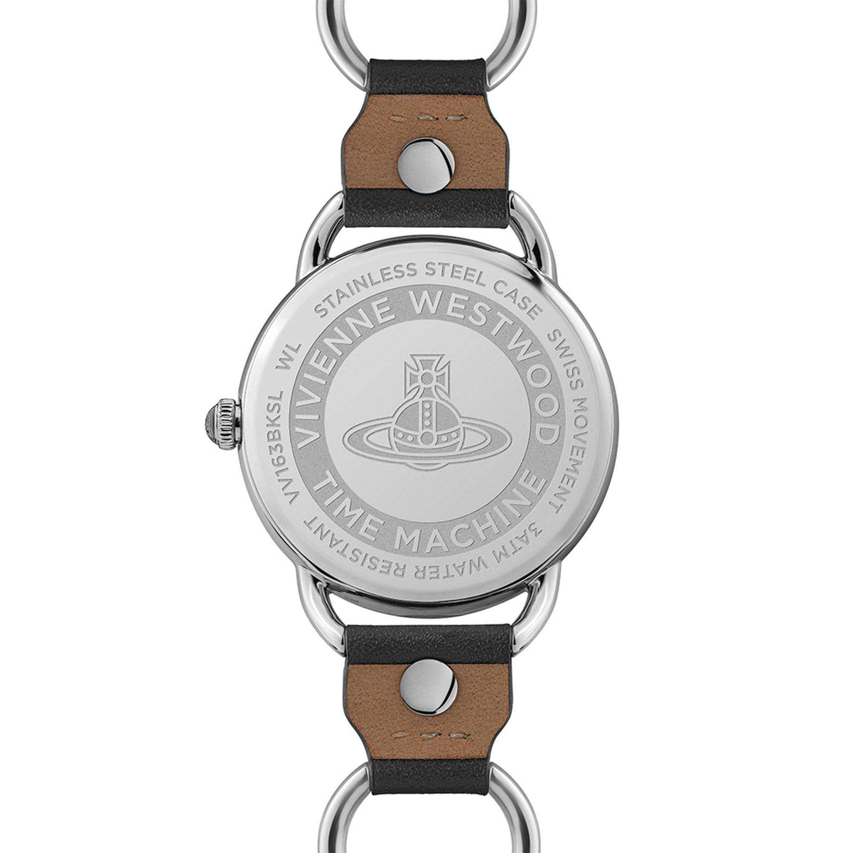 Quartz wristwatch case back with engraved text, brown leather strap and silver links