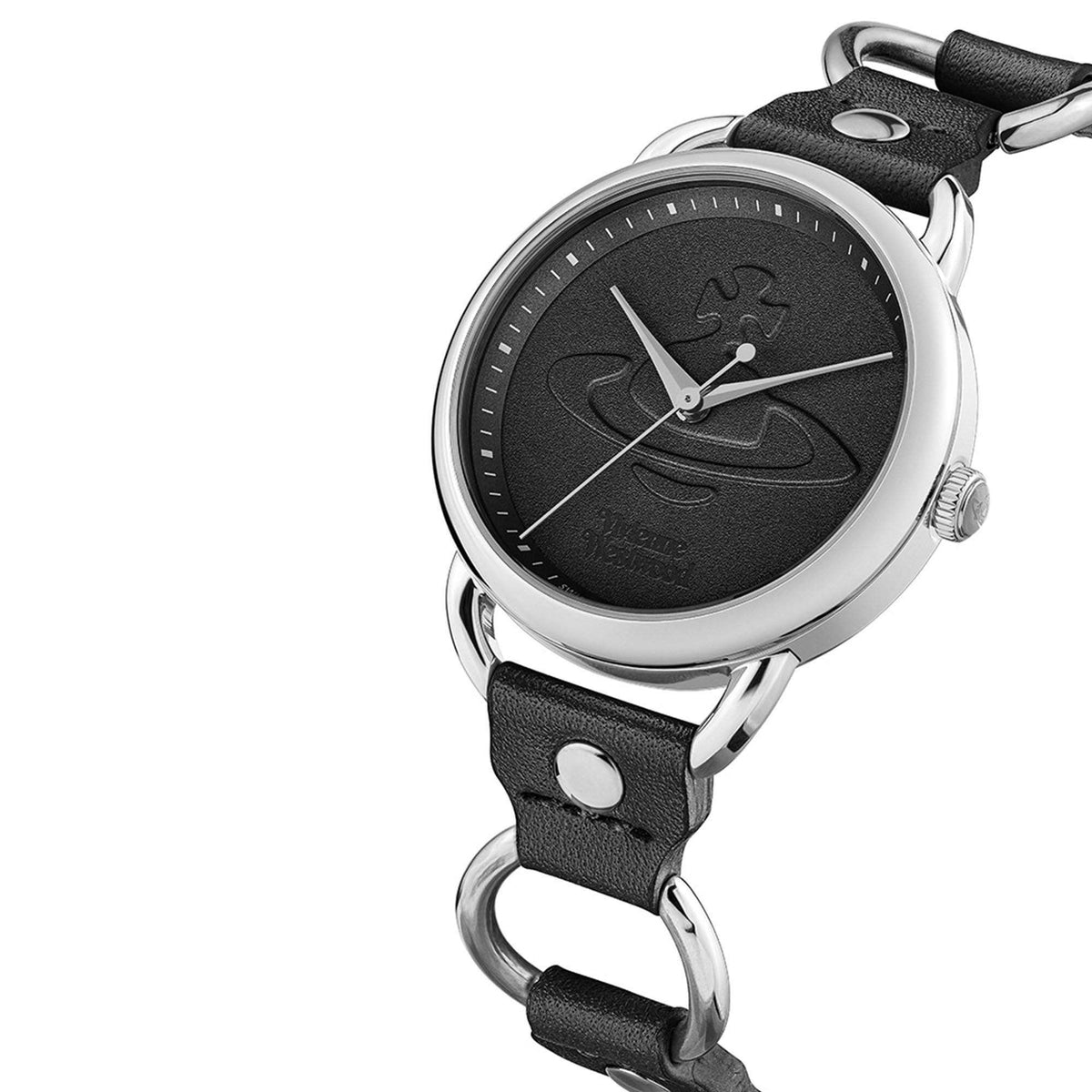 Ladies quartz wristwatch angled view with black dial, black leather strap and silver case