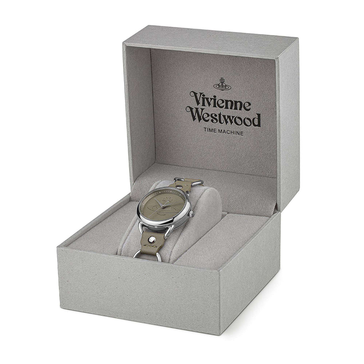 Quartz wristwatch in gray display box with olive dial and olive leather strap