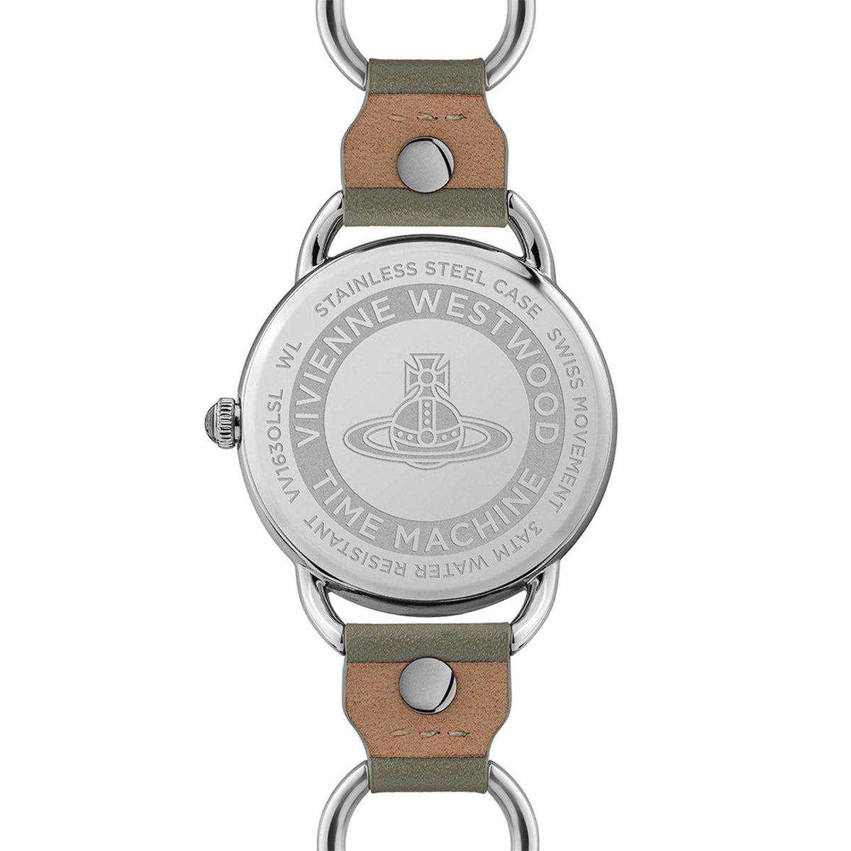 Stainless steel case quartz watch with brown leather strap and engraved case back