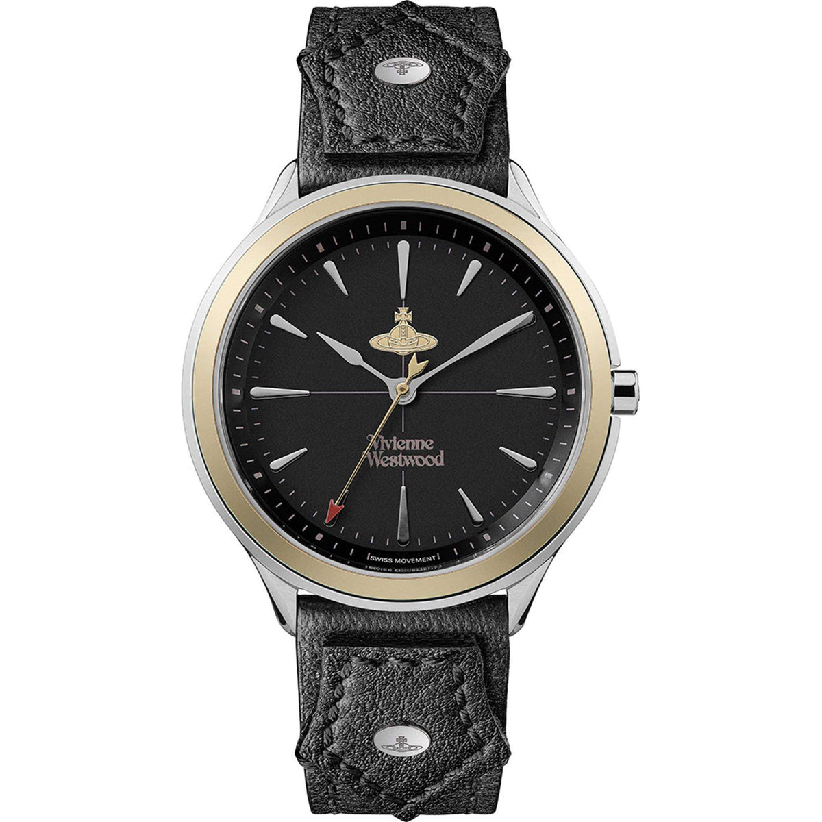Ladies black dial quartz watch with black leather strap and gold-tone hands