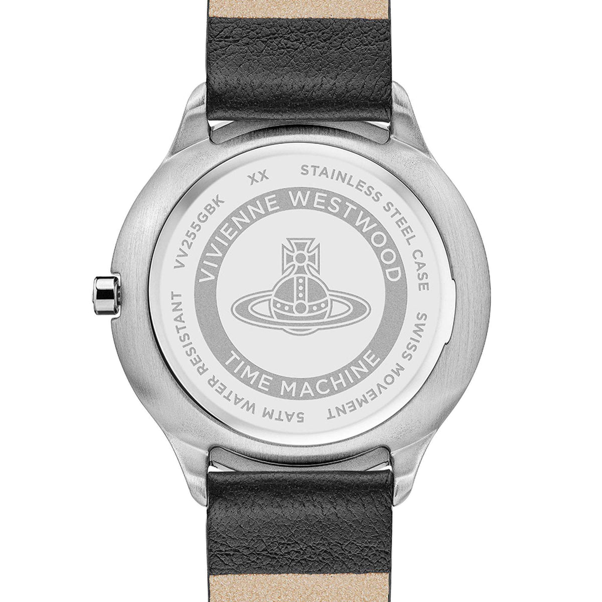 Stainless steel caseback with engraved logo and black leather strap