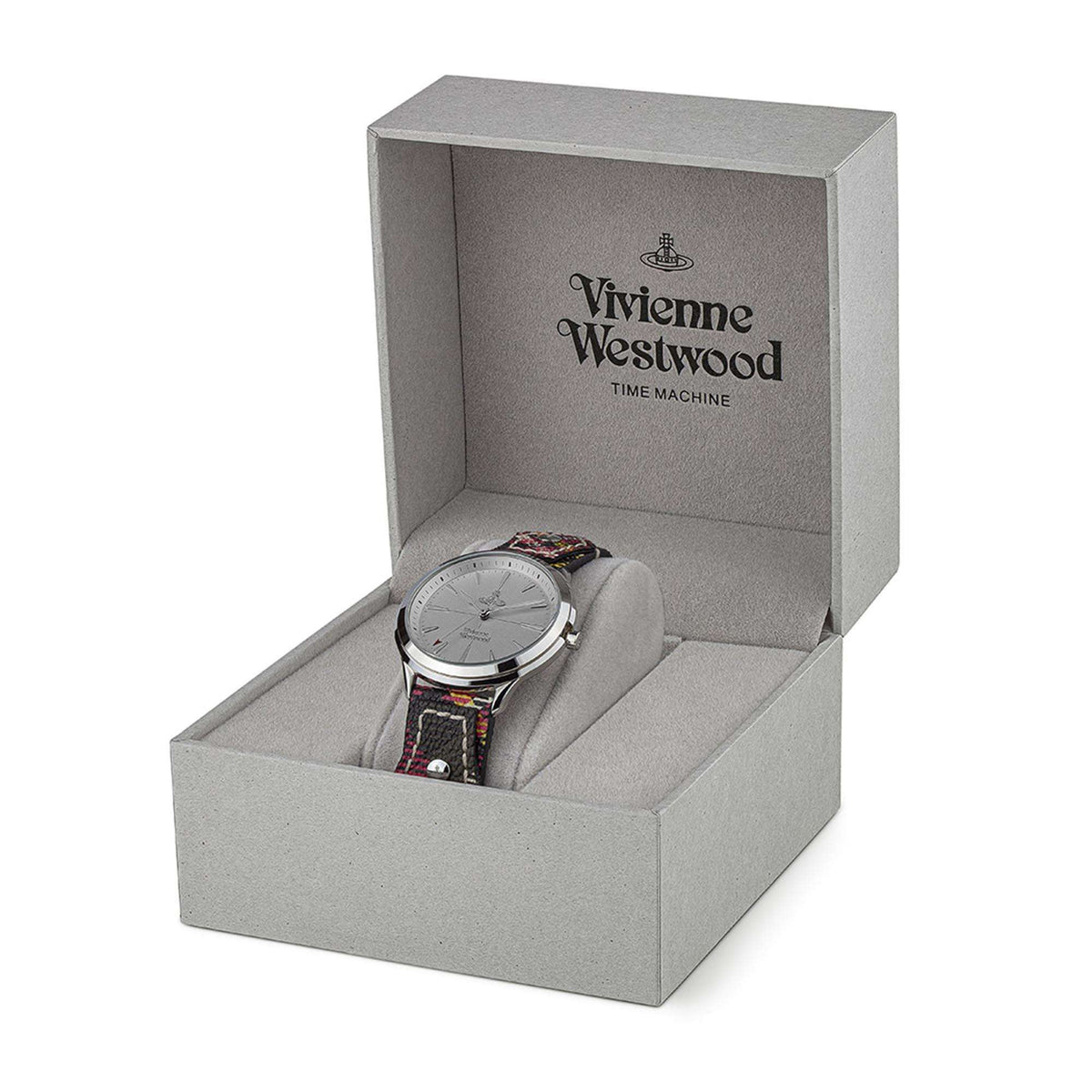 Ladies wristwatch in a gift box, silver dial and multicolor tartan leather strap