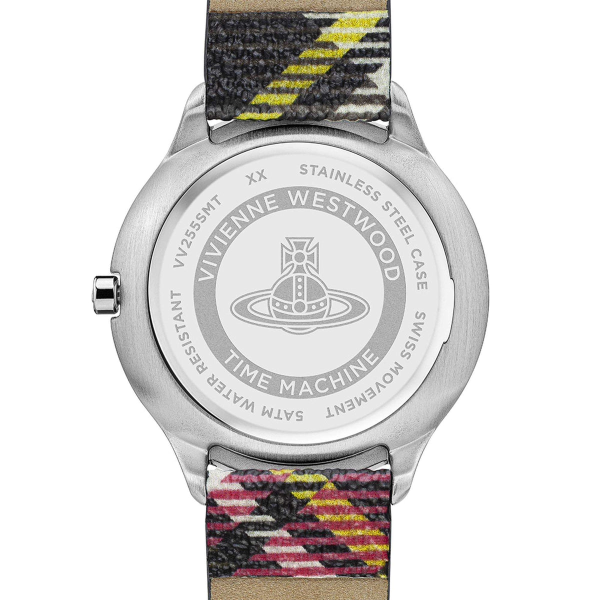 Back of silver stainless-steel watch with logo and multicolor tartan leather strap