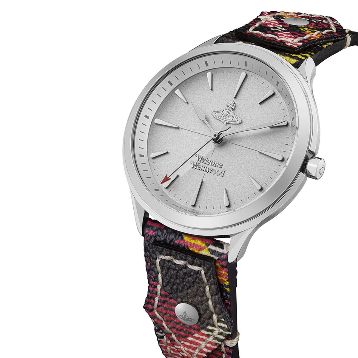 Angled silver ladies quartz watch with silver dial and multicolor tartan leather strap