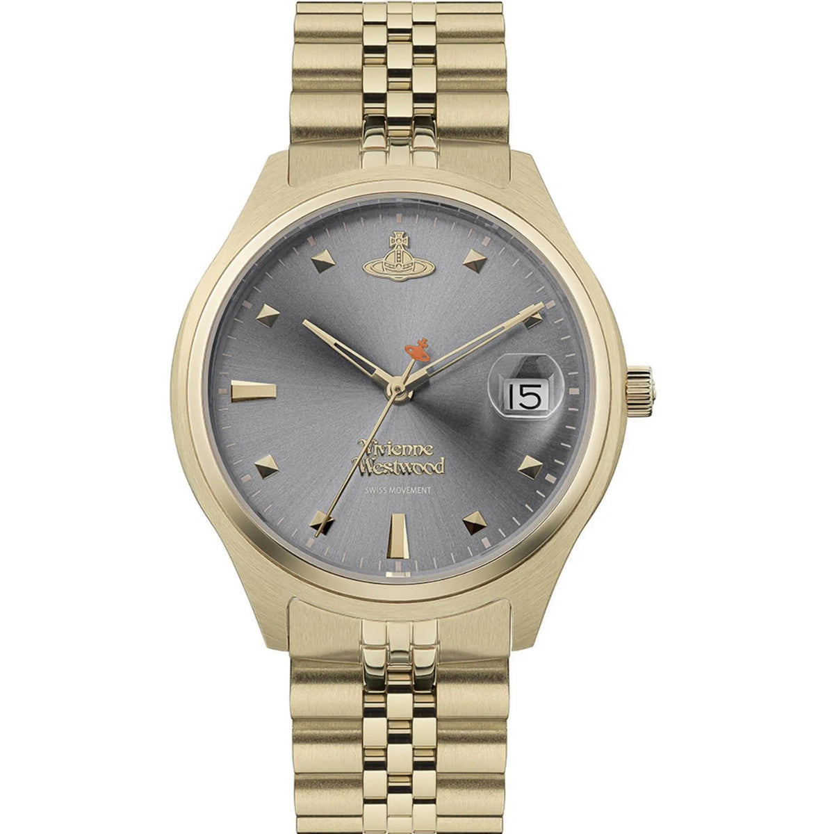 Gold stainless steel ladies watch with gray dial, gold hands, hour markers, date window at 3.