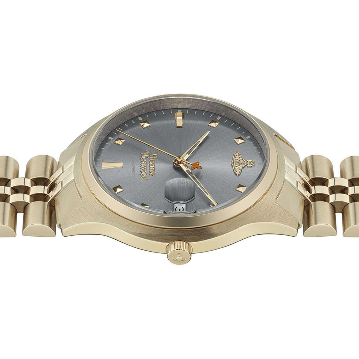 Gold stainless steel watch with gray dial, gold hands, and hour markers; crown on right.