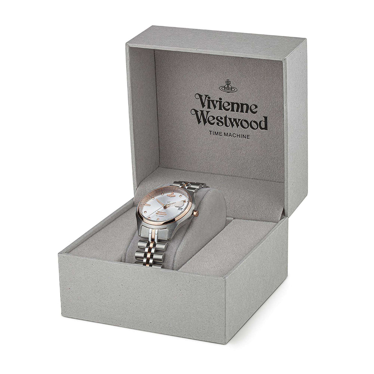 Ladies quartz wristwatch in gray presentation box, stainless steel bracelet and silver dial