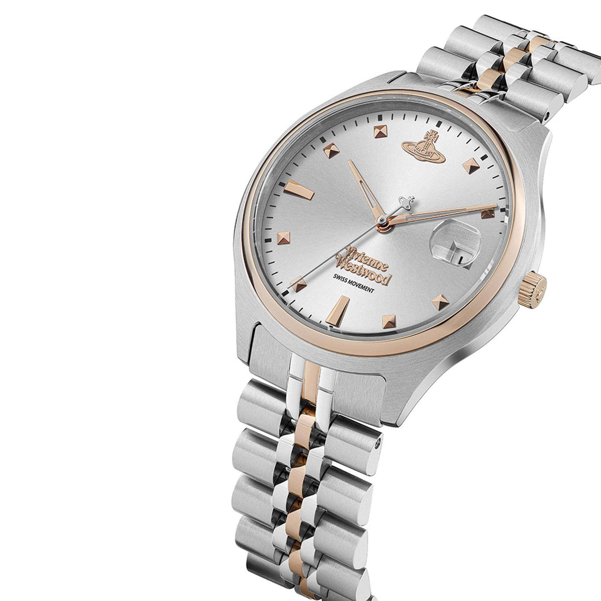 Ladies stainless steel quartz watch, angled view of silver dial with rose-gold accents and crown