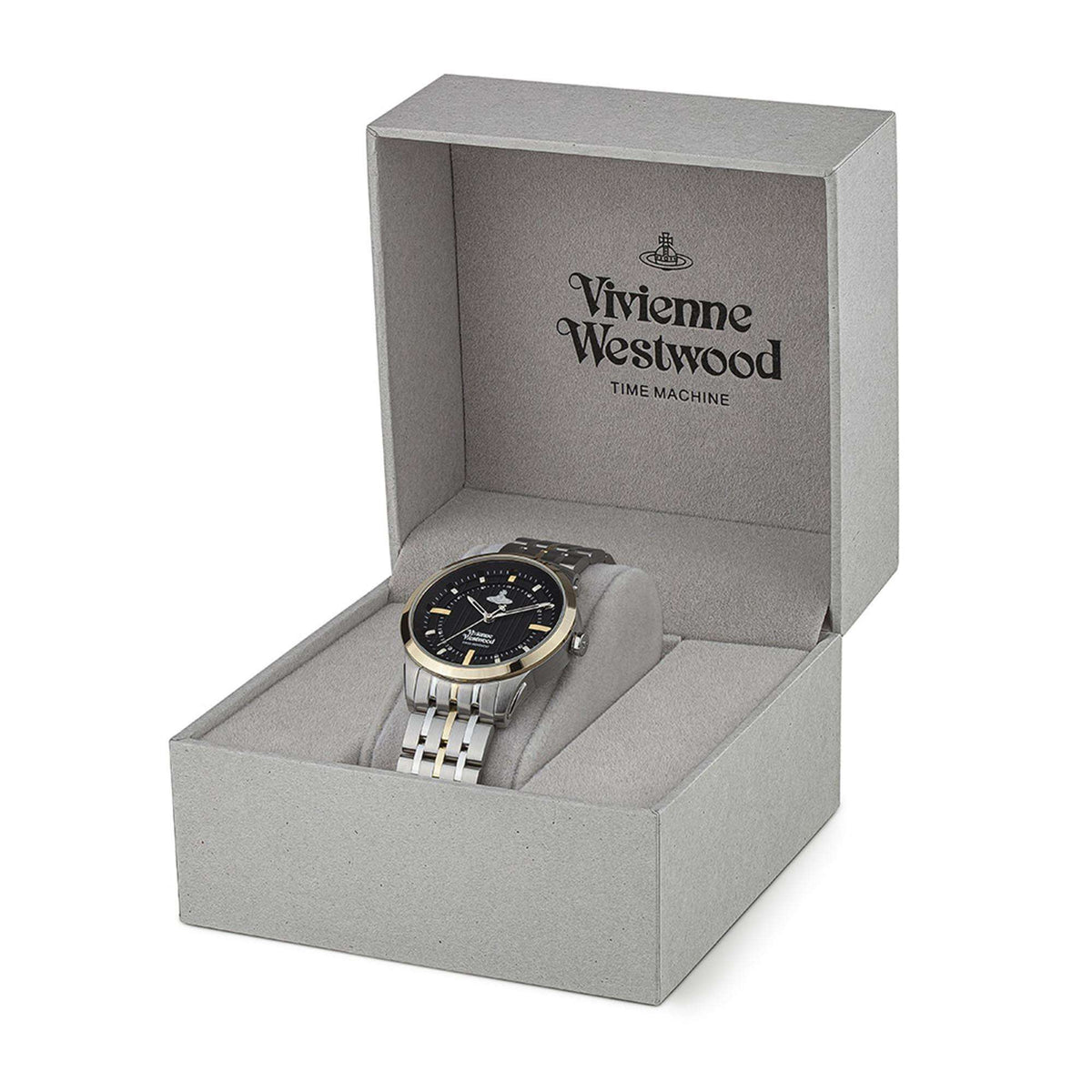 Quartz wristwatch displayed in gray box, black dial, silver and gold-tone bezel, metal bracelet