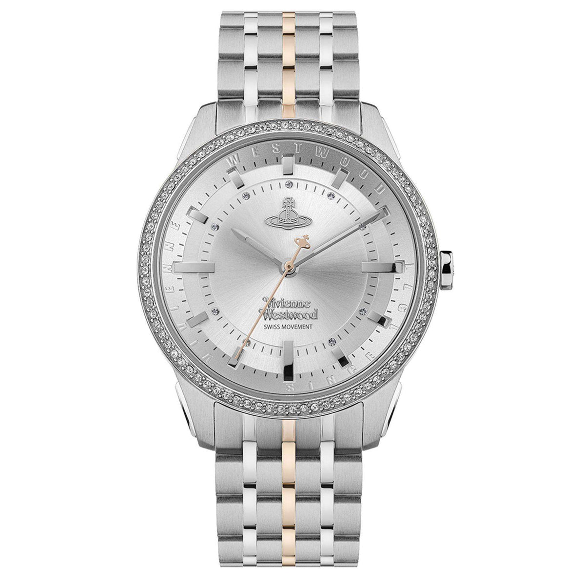 Ladies stainless steel bracelet watch with white dial and sparkling crystal bezel