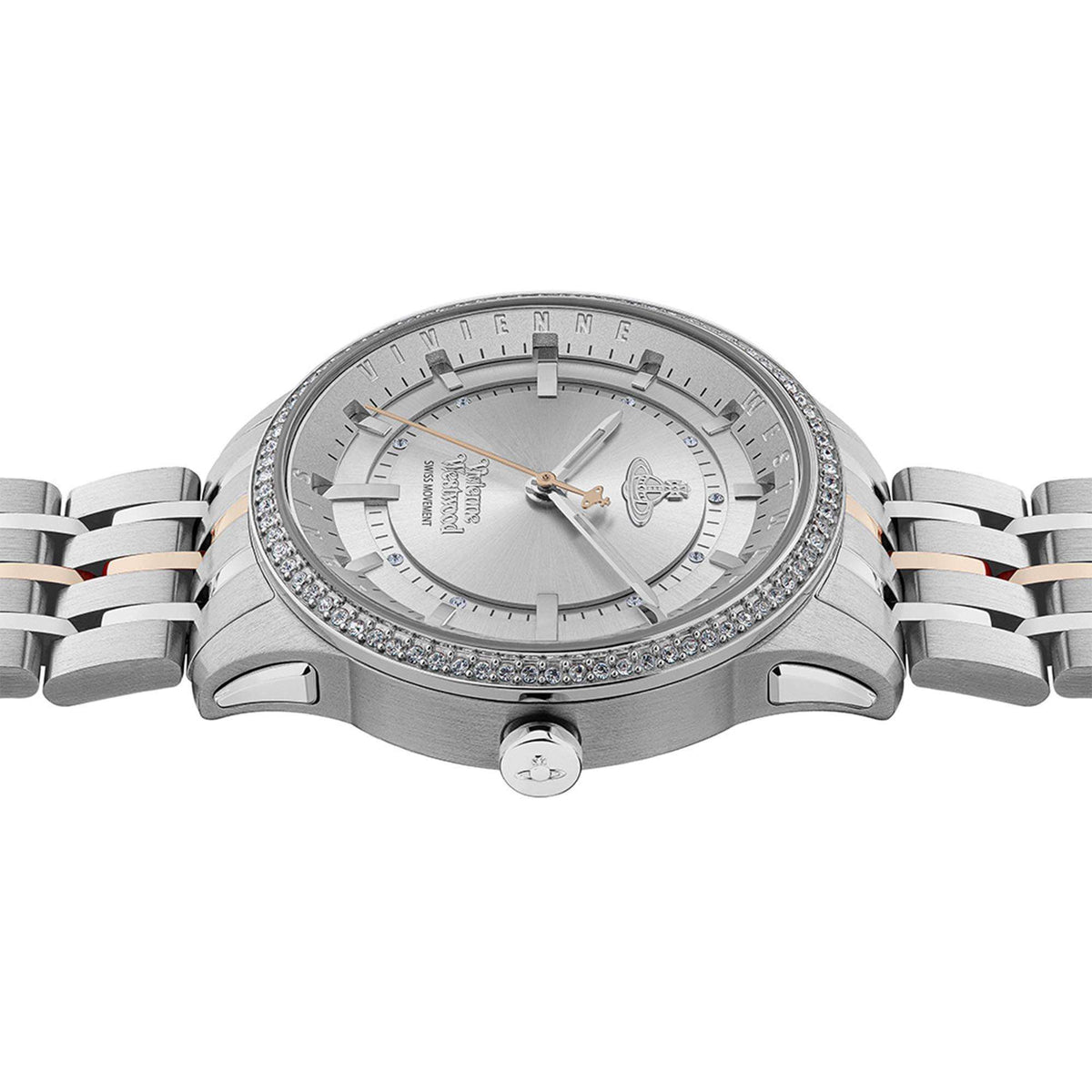 Ladies stainless steel bracelet watch, angled view of white dial and crystal bezel
