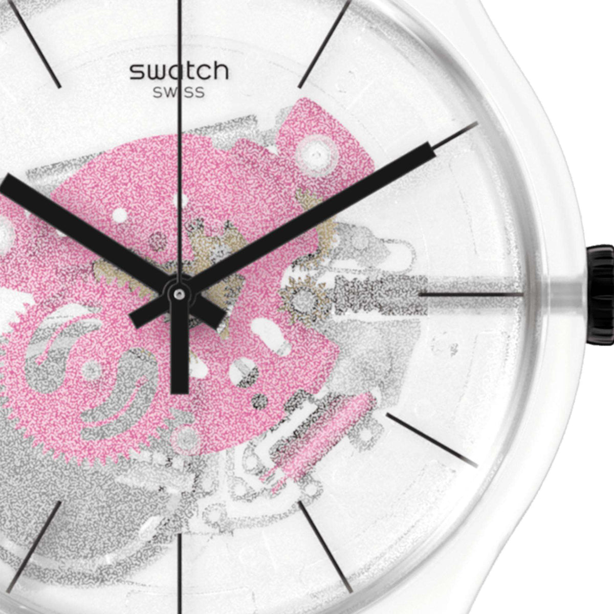 Close-up of pink patterned analog watch dial with black hands and clear outer bezel