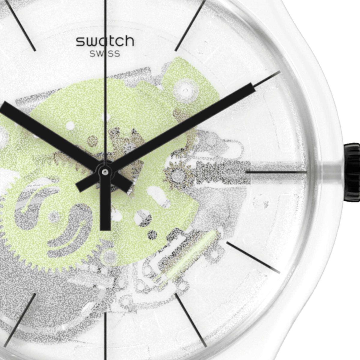 Transparent green dial quartz watch close-up with black hour markers and hands