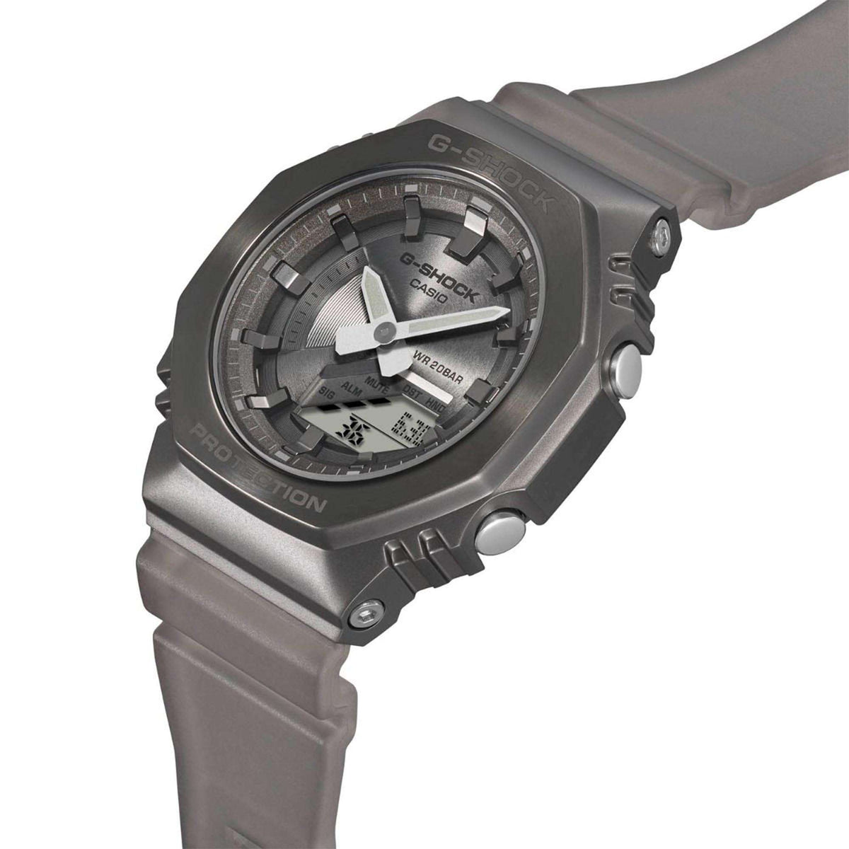 Grey G-Shock quartz watch angled front view with protective bezel and sub-dials.