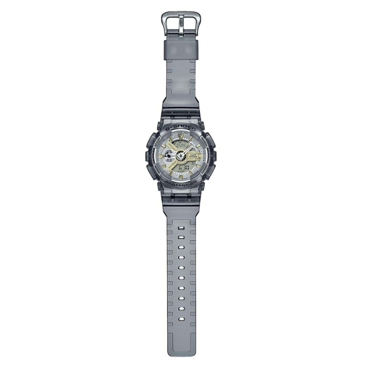 Clear silicone strap G-Shock quartz watch with round face, light green dial, side view