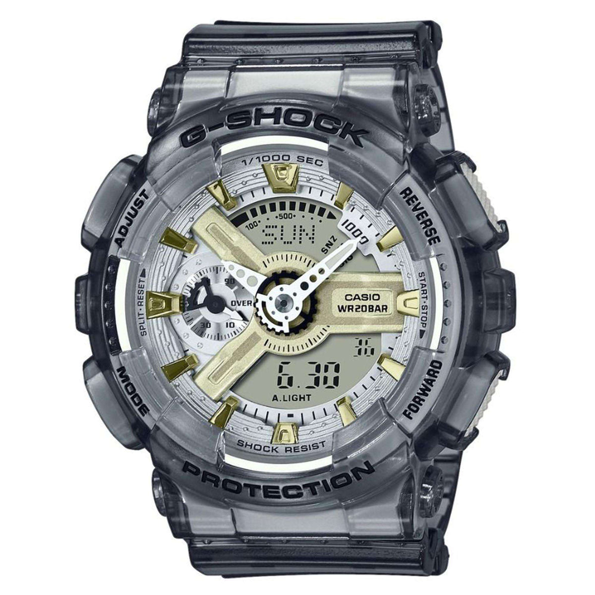 Clear G-Shock quartz watch with dark bezel, round face, light green dial and subdials