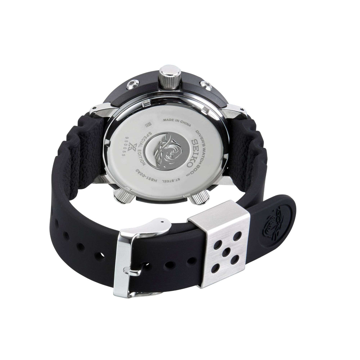 Men's Seiko dive watch caseback with silver back plate and black silicone strap.