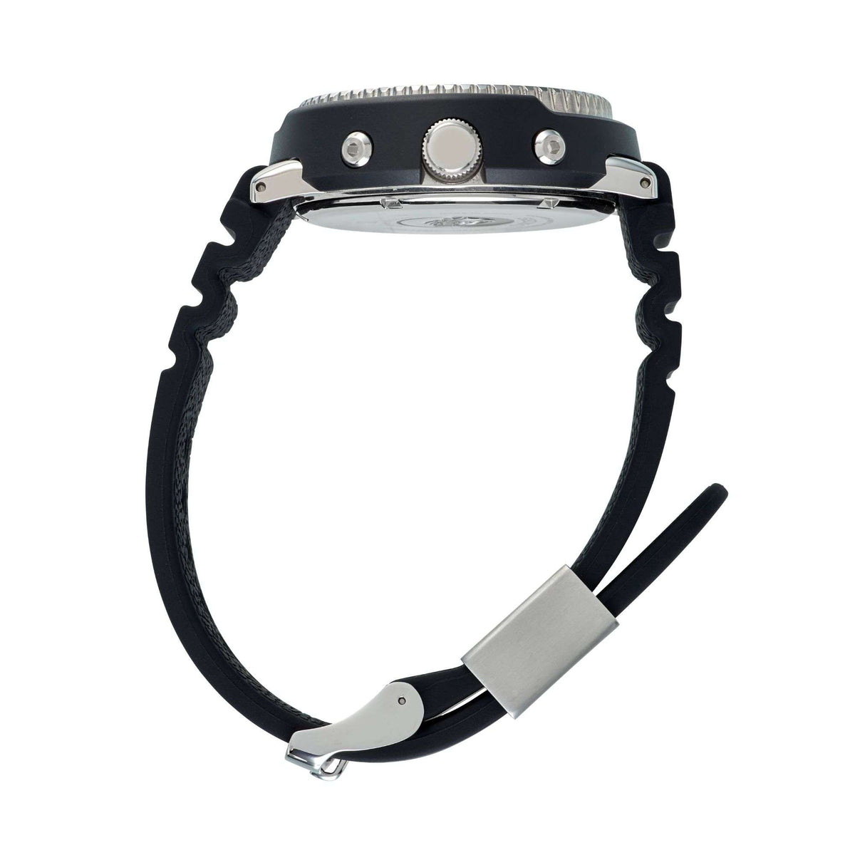 Men's Seiko dive watch with black silicone strap and metal buckle, rear view.