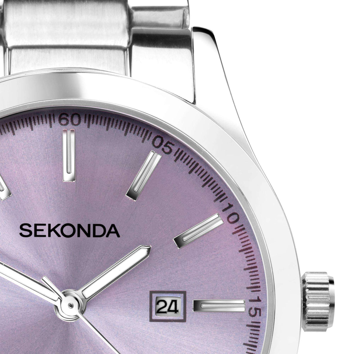 Sekonda watch close-up: purple dial with baton hands and date window at 24